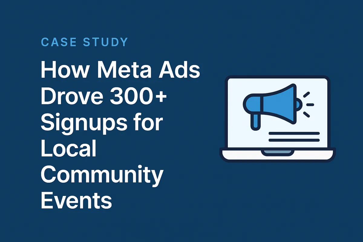 Cover image for case study titled 'How Meta Ads Drove 300+ Signups for Local Community Events' featuring a megaphone icon on a laptop screen.