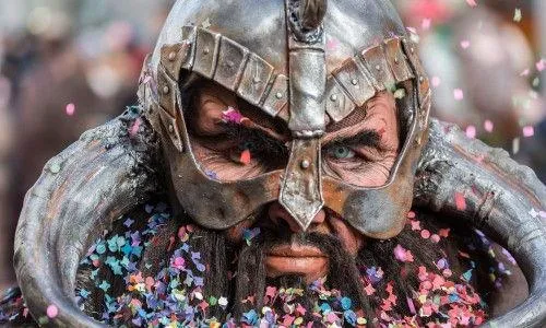 angry gladiator with glitter on his helmet