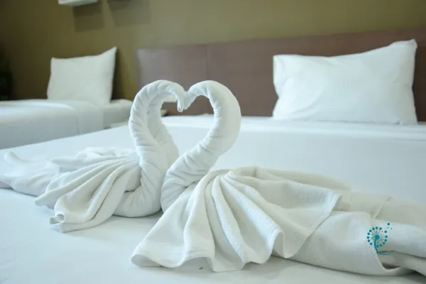 pair of towels folded like swans on a bed