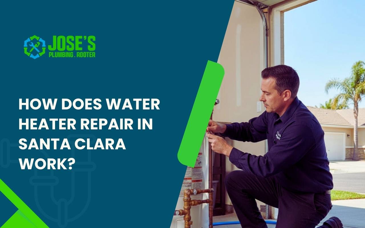 Technician performing water heater repair in Santa Clara in a residential garage.