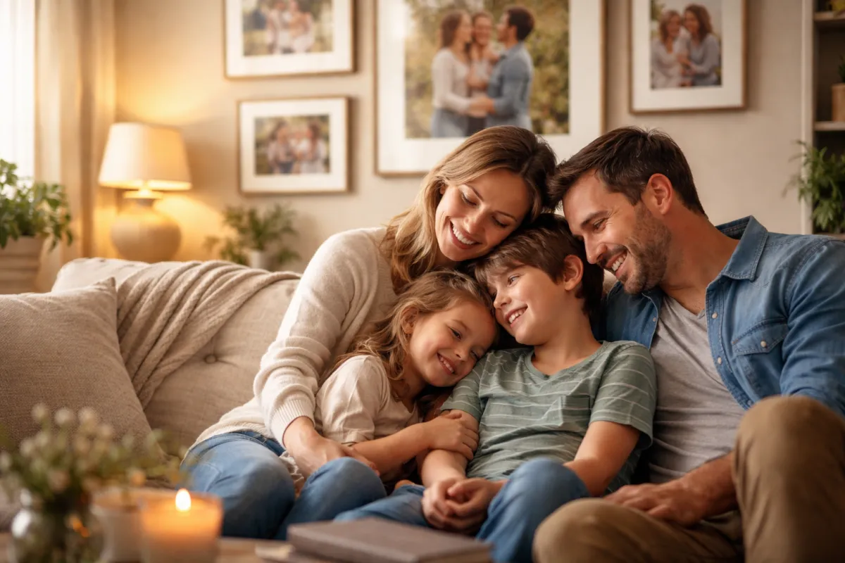 Parent and children sharing a calm, connected moment at home