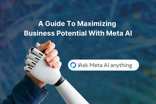 Human hand and bot hand holding each other and a search bar on the right side with the phrase "ask meta ai anything"