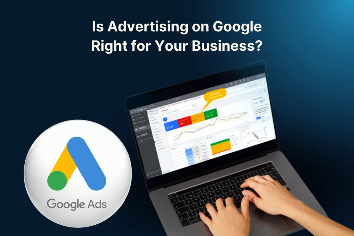 Google Ads logo and laptop showing metrics