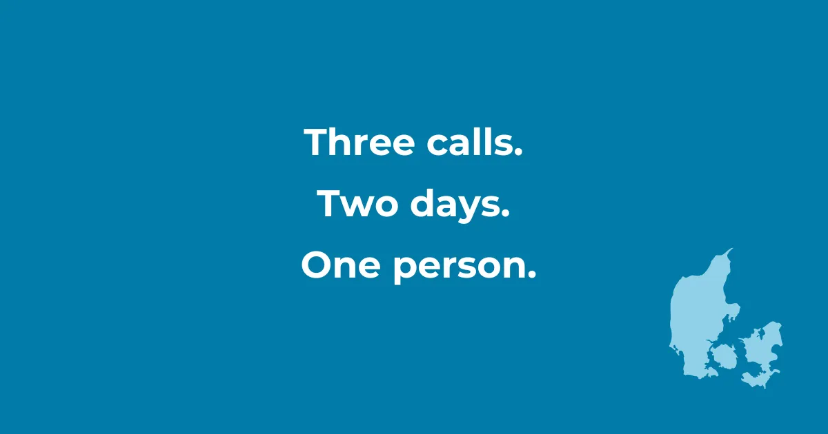 Minimalist blue graphic with white text reading “Three calls. Two days. One person.” with a faint map outline of Denmark in the corner — representing calm, consistent service in travel.