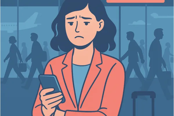 Illustration of a worried traveller standing at airport Gate 25, holding a phone and boarding pass, with other passengers walking in the background.