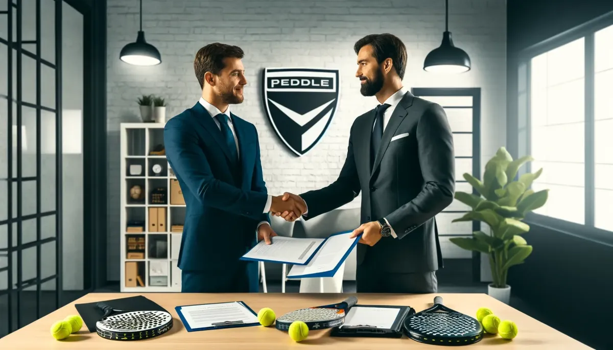 Representantes del Life Padel Club de Abrera firmando un convenio con una marca de equipamiento deportivo.