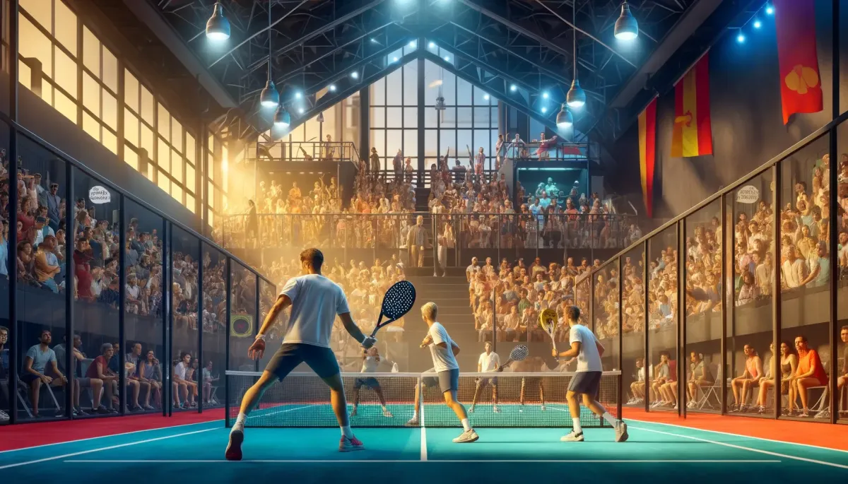 Jugadores de pádel en un torneo, con espectadores animando desde las gradas.