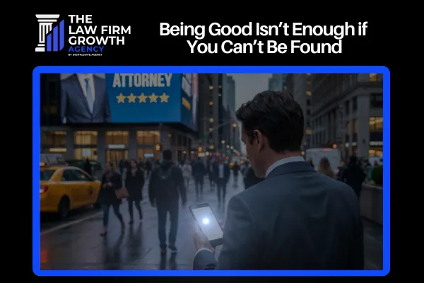 Client searching for lawyer and big billboard of lawyer in background