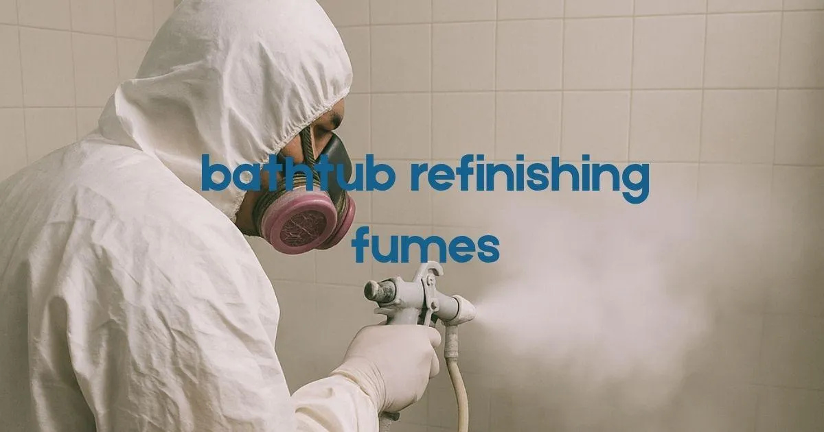 man in protective gear uses spray gun with a caption bathtub refinishing fumes