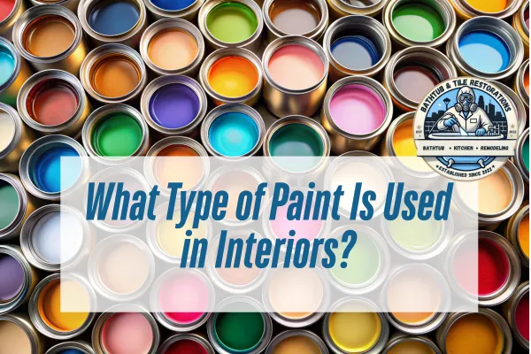 different painting colors in can with a caption  What Type of Paint Is Used in Interiors.