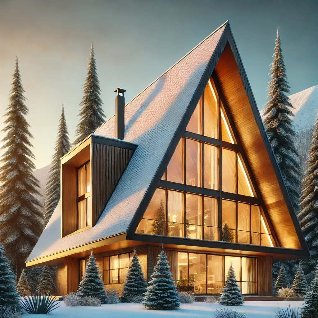An A-frame house with a steep triangular roof stands nestled among tall evergreen trees, with snow-dusted mountains in the background. The house features large floor-to-ceiling windows glowing warmly from within, contrasting against the snowy roof and forest setting. The sky is a soft gradient of orange and blue, suggesting sunset. A thin gold border and subtle wood grain texture add elegance and depth to the image..