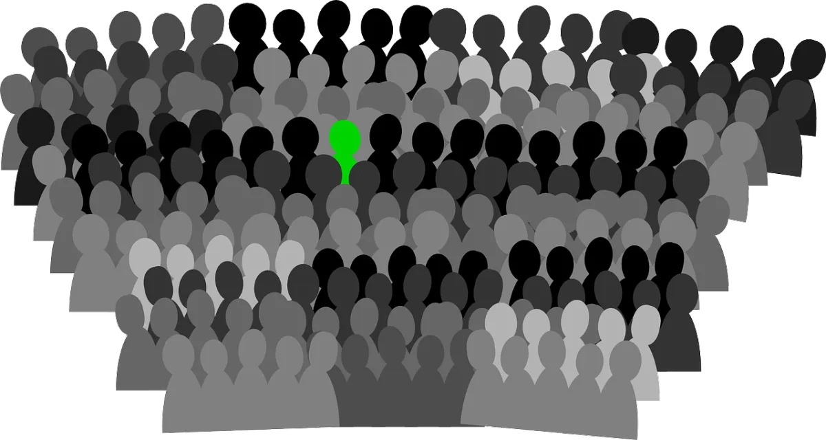 drawing of a single person standing out in a crowd through colors