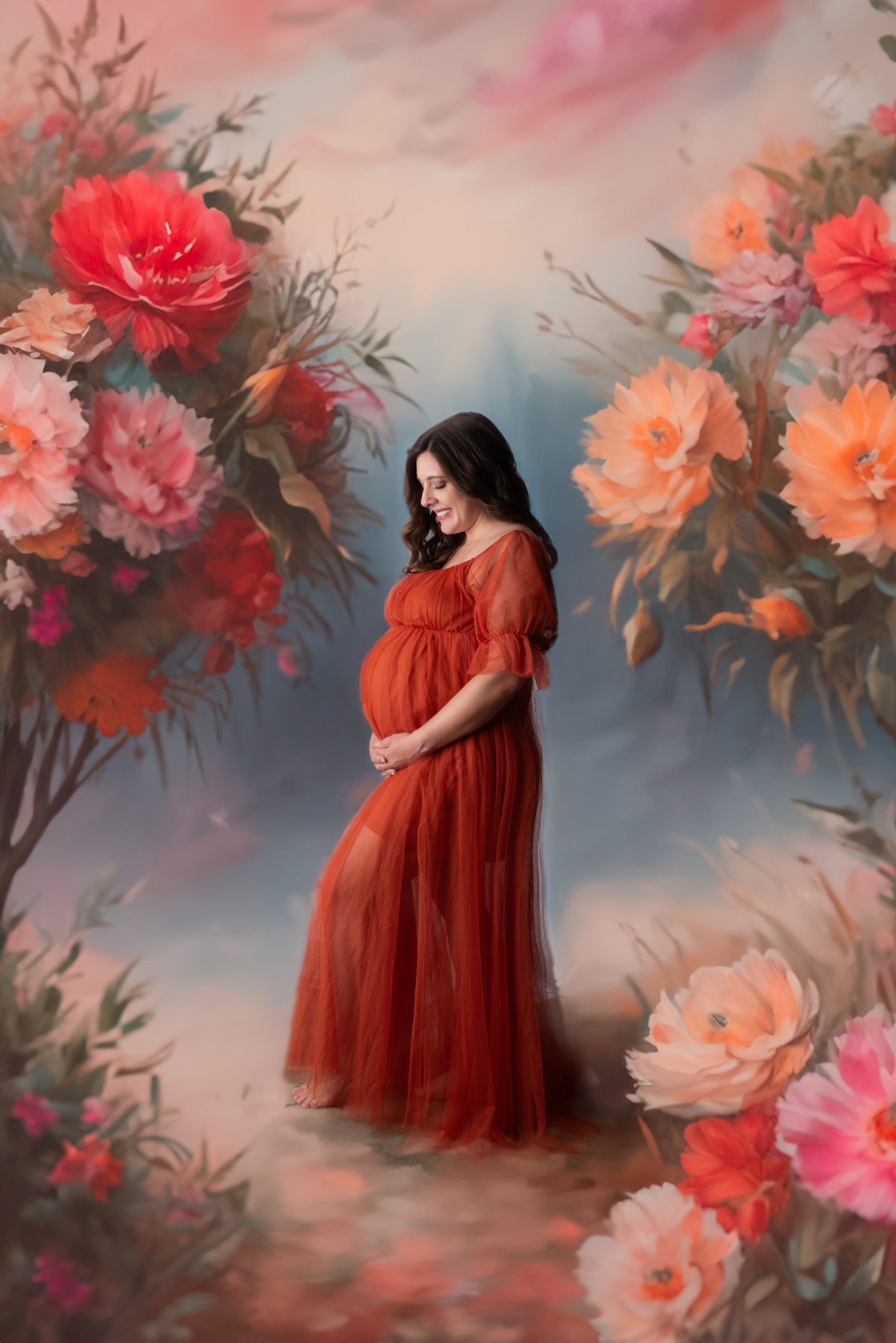 pregnant in floral backdrop and rust dress