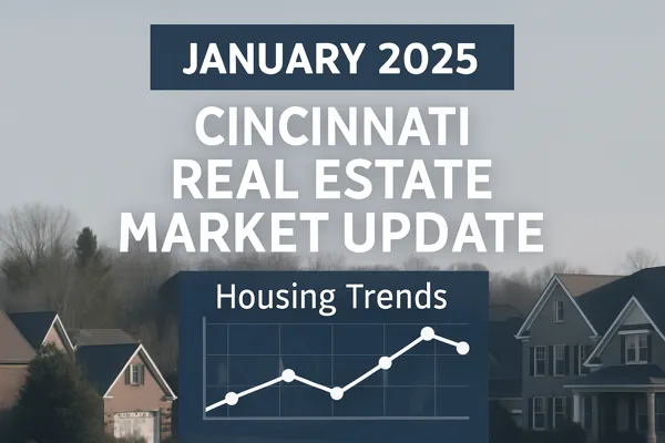 January 2025 Cincinnati Real Estate Market Update graphic with housing trends chart and winter suburban background.