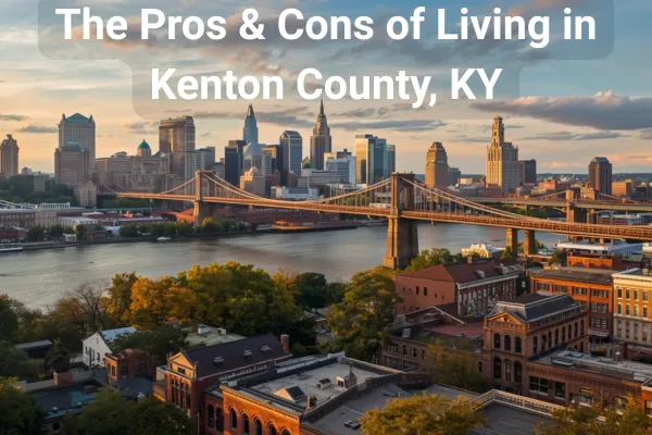 Kenton County, KY skyline at sunset, overlooking the Ohio River and downtown Cincinnati.