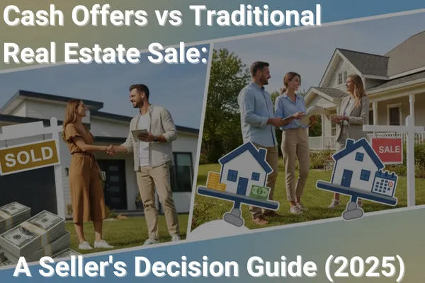 Split-image graphic showing a couple receiving cash for a home labeled 'SOLD' on the left (representing a cash offer), and a real estate agent talking to clients by a 'FOR SALE' sign on the right (representing a traditional sale). Overlay text highlights the comparison of cash offers vs. traditional real estate sales.