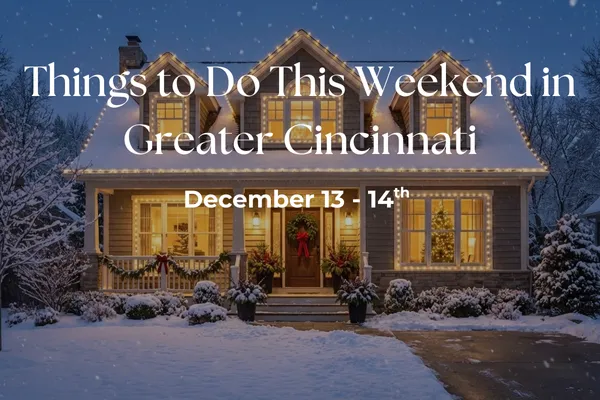 Festive home in Greater Cincinnati decorated for the holidays and surrounded by snow.