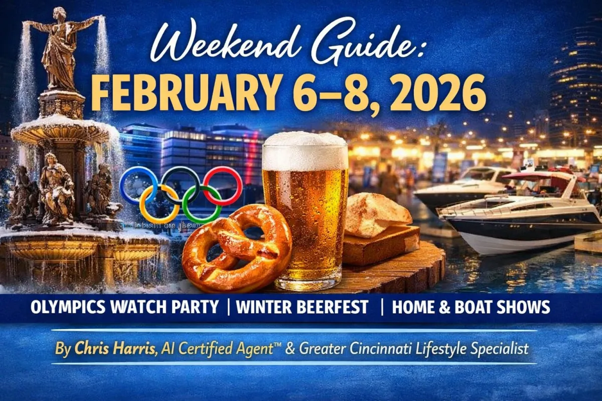 Winter evening at Cincinnati’s Fountain Square featuring a festive beer scene, boats on the river, and downtown city lights, representing a Greater Cincinnati weekend guide for February 6–8, 2026.