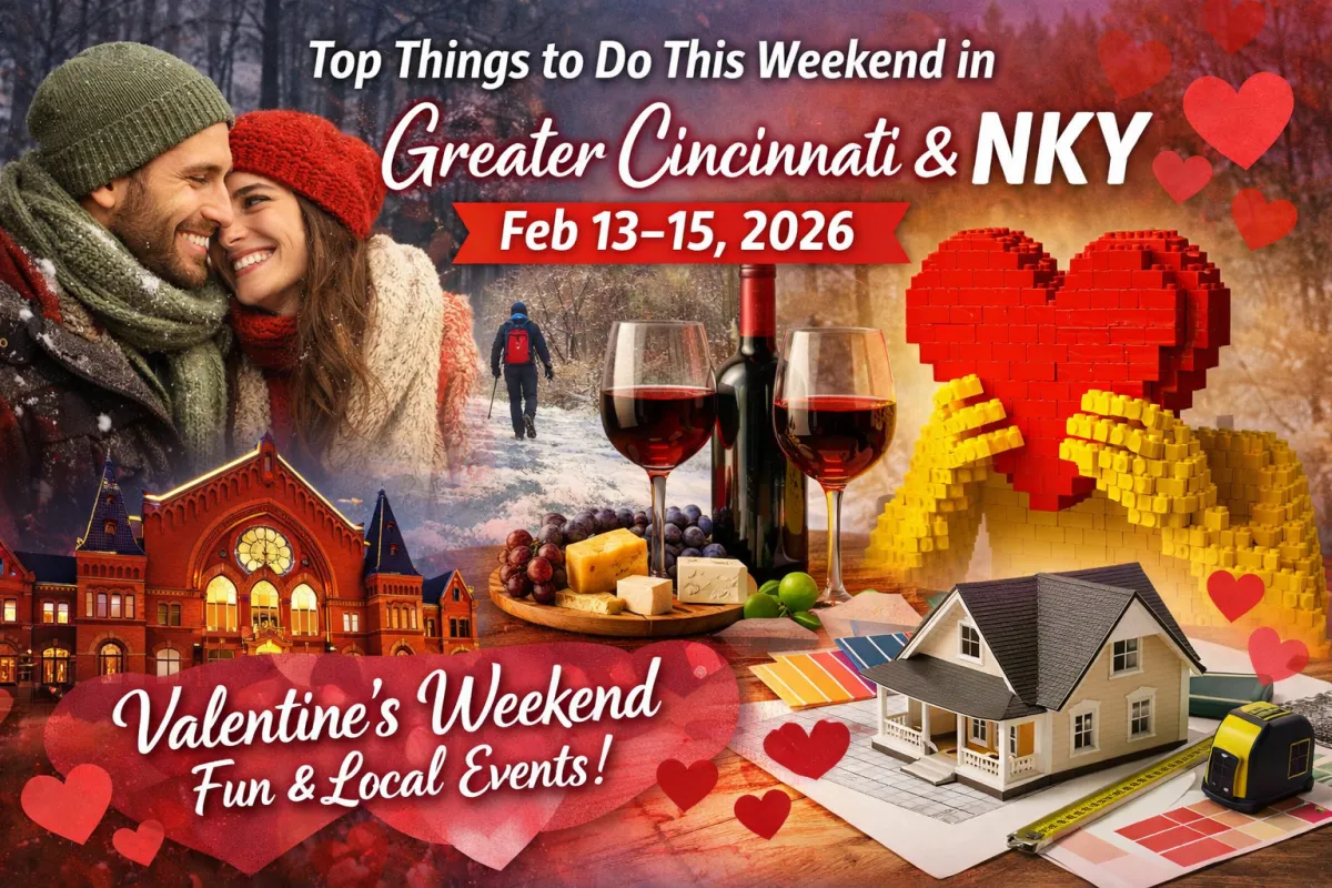 Valentine’s weekend events in Greater Cincinnati and Northern Kentucky (Feb 13–15, 2026) featuring Cincinnati Music Hall, wine tasting festival, LEGO art exhibit at Cincinnati Museum Center, winter hiking at Miami Whitewater Forest, and home design inspiration in Covington KY.