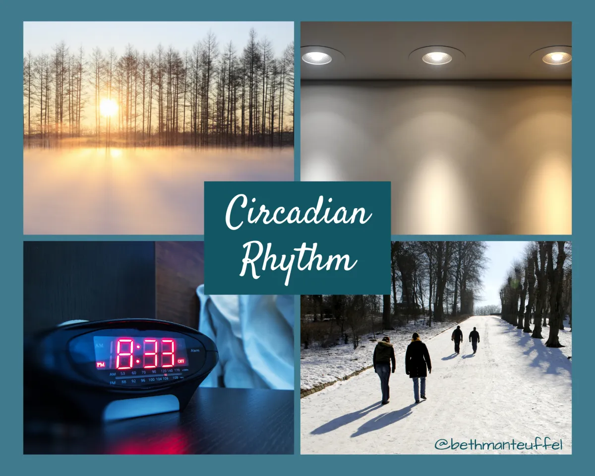 Titled "Circadian Rhythm" with images of sun setting through forest, three recessed lights of different colors, an alarm clock with red numbers, and group of four people walking outside on snowy path