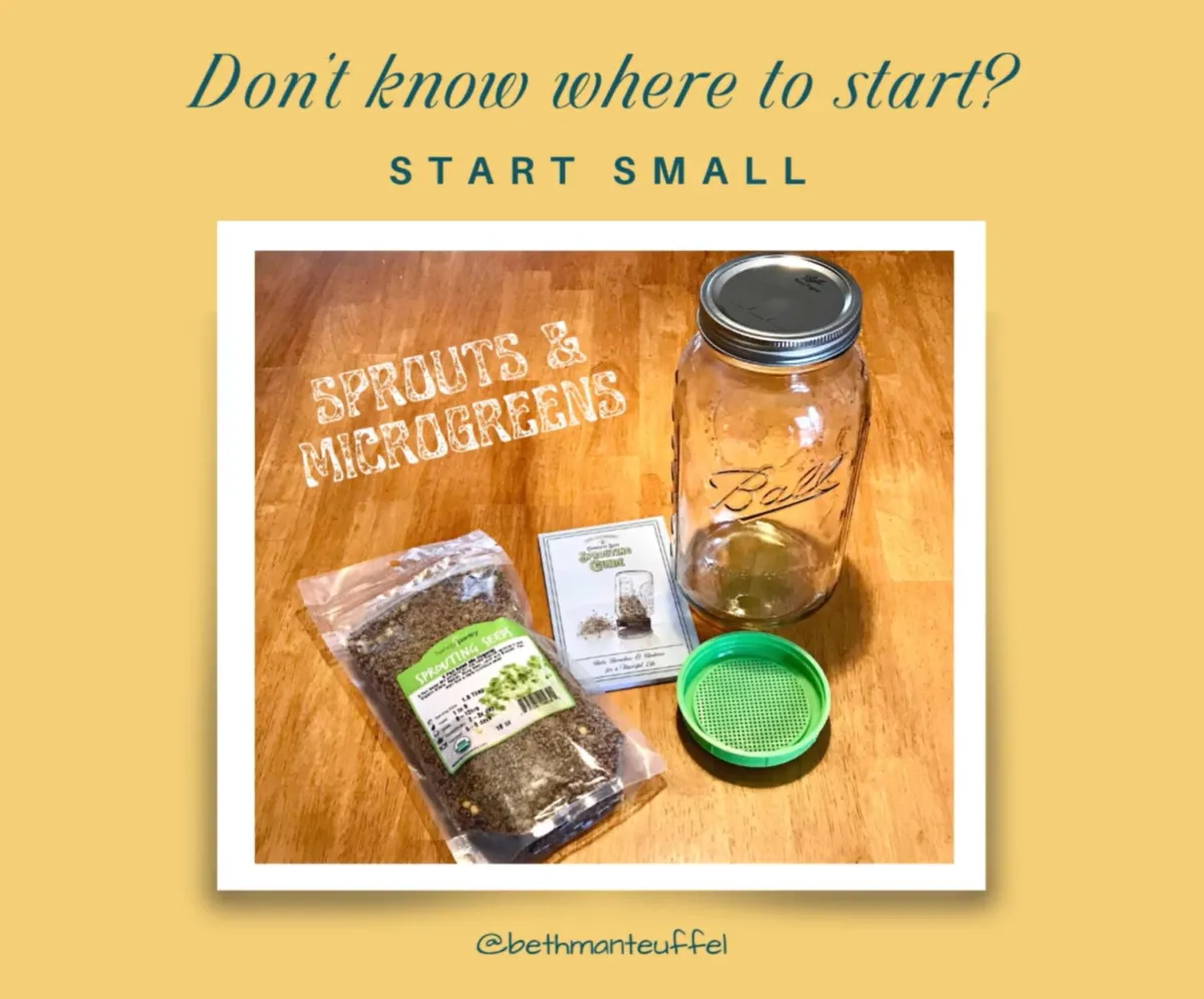 Text "Don't know where to start? Start Small Sprouts and Microgreens" on yellow background with image of sprouts kit