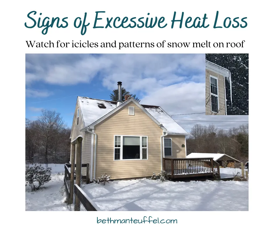 House with snow and snowmelt at top of roof, and icicle at end of gutter