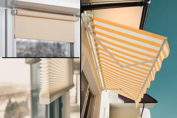 Text "Shading Strategies" image of solar shade, cellular shade, and a yellow and white striped awning