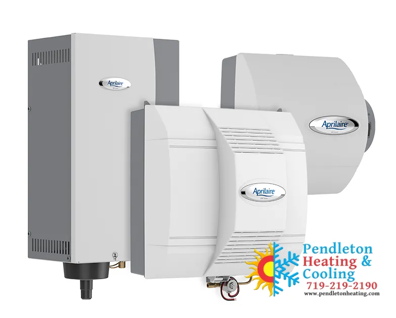 Image of different types of whole home humidifiers accompanied by the Pendleton Heating & Cooling logo