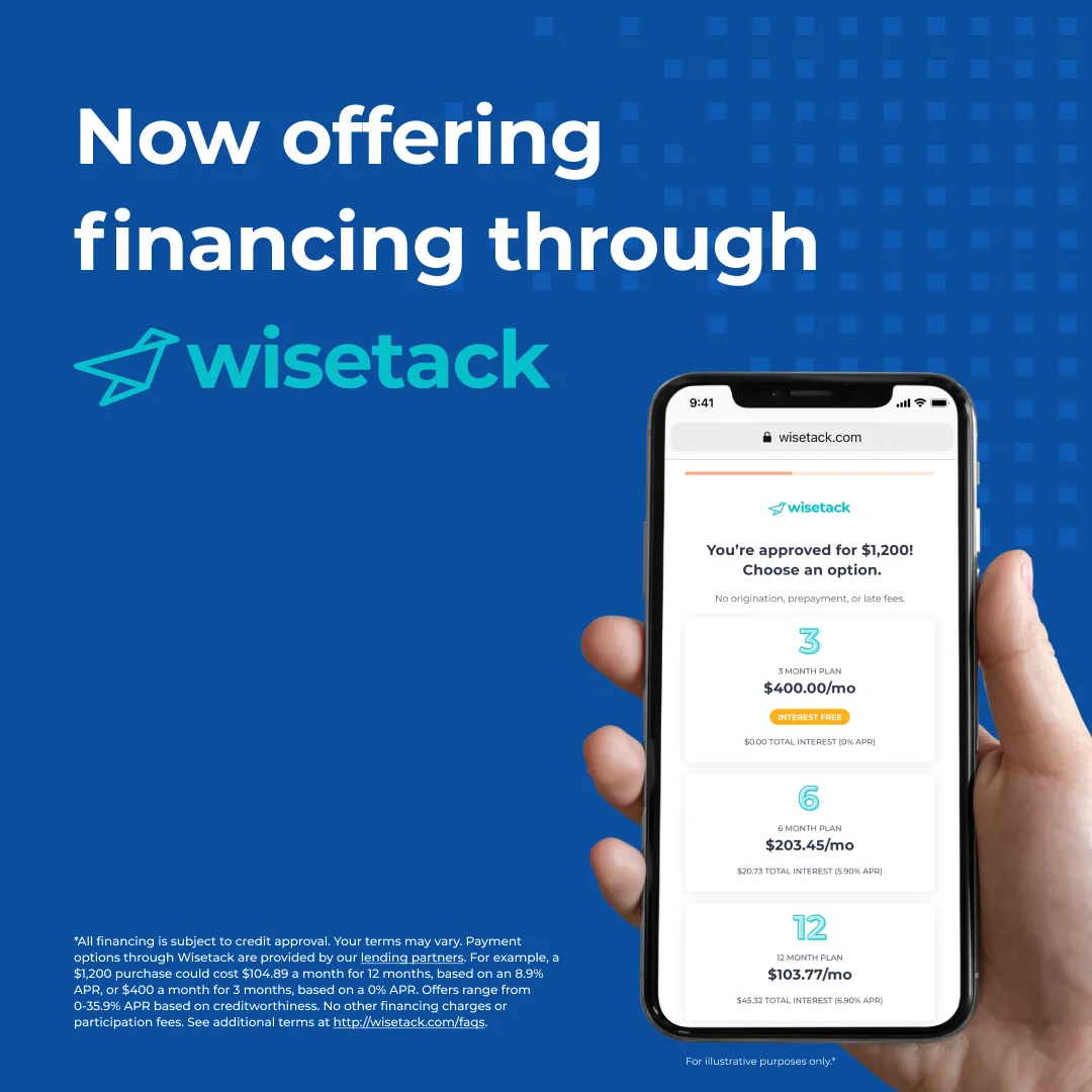 Promotional graphic for Pendleton Heating & Cooling featuring financing options through Wisetack. The image displays a smartphone held in a hand, showing an approval message for $1,200 with various payment plan options on the screen. The background is dark blue with a light blue pattern, and text at the top reads 'Now offering financing through Wisetack.' Small print at the bottom outlines terms and conditions.
