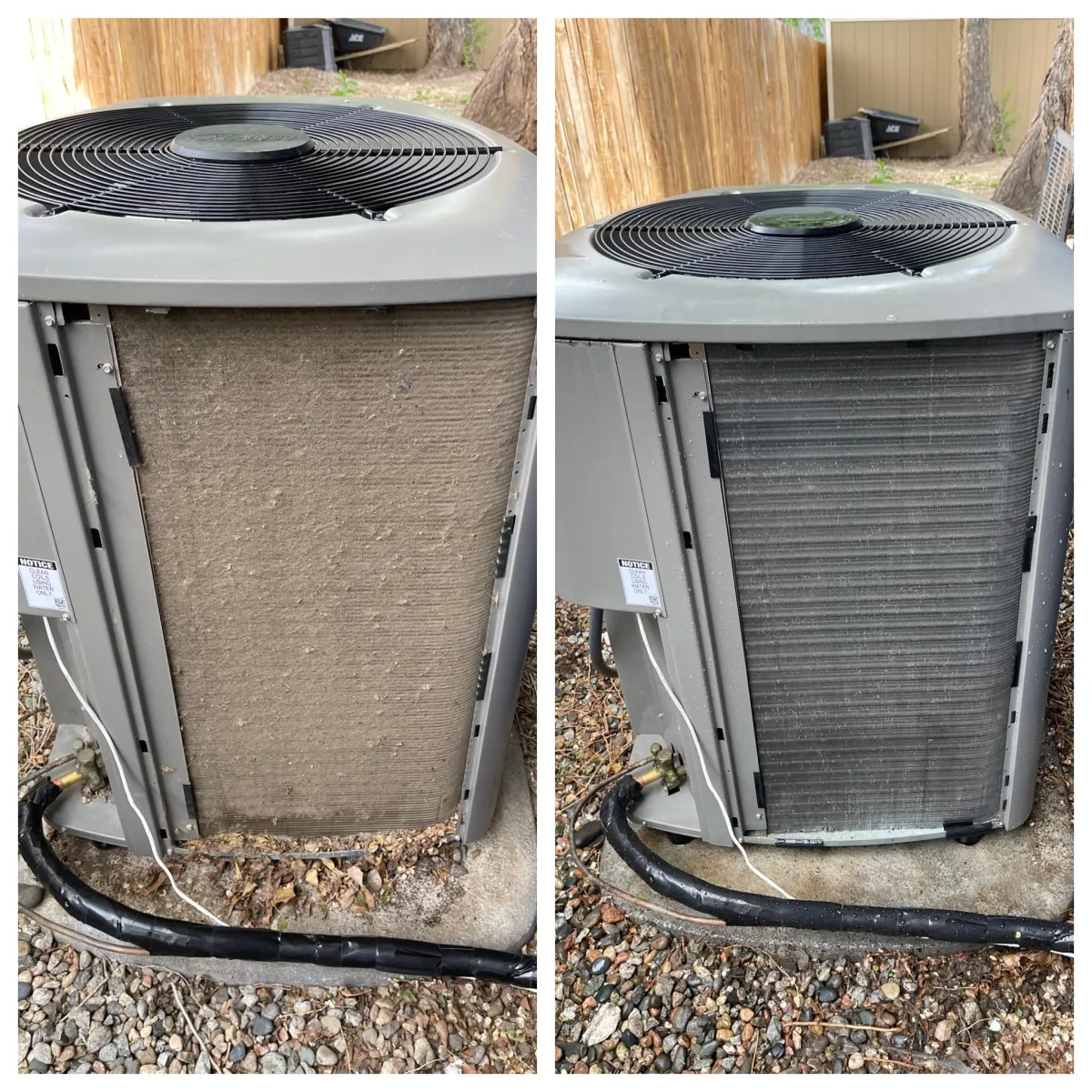 Side-by-side comparison of an outdoor A/C condenser coil before and after cleaning. The left image shows the coil covered in dirt and debris, while the right image shows the same coil after being thoroughly cleaned, revealing clean and visible aluminum fins.