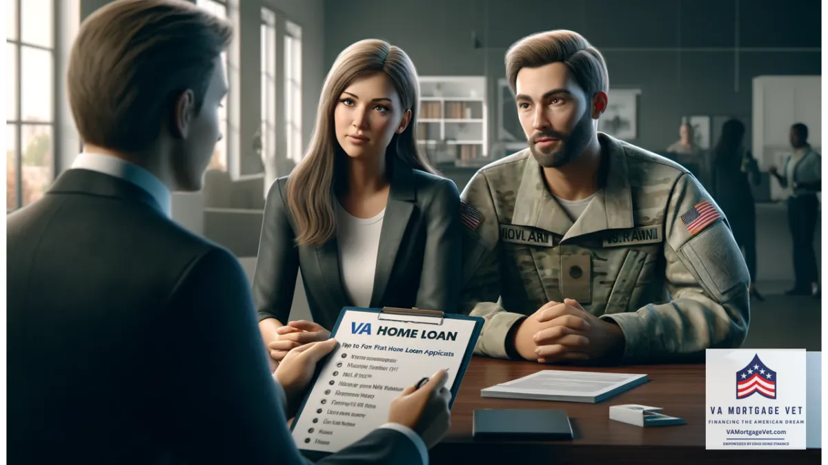 The image features a military couple sitting at a table with a Veteran Mortgage Advisor. The advisor is holding a checklist titled "Top 10 Tips for First-Time VA Home Loan Applicants." The couple looks attentive and focused as the advisor explains the tips. The background shows a modern office setting with documents and a laptop on the table. The scene is well-lit, with sharp details and a professional atmosphere.