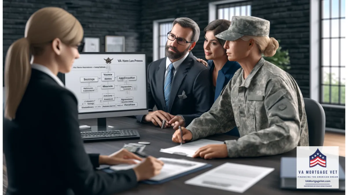 The image features a military veteran couple sitting with a mortgage advisor, reviewing documents and discussing the VA home loan process. The advisor is showing a flowchart titled "VA Home Loan Process: From Application to Closing." The couple looks engaged and focused as they go through the steps. The background shows a modern office setting with a computer and documents on the table. The scene is well-lit, with sharp details and a professional atmosphere.