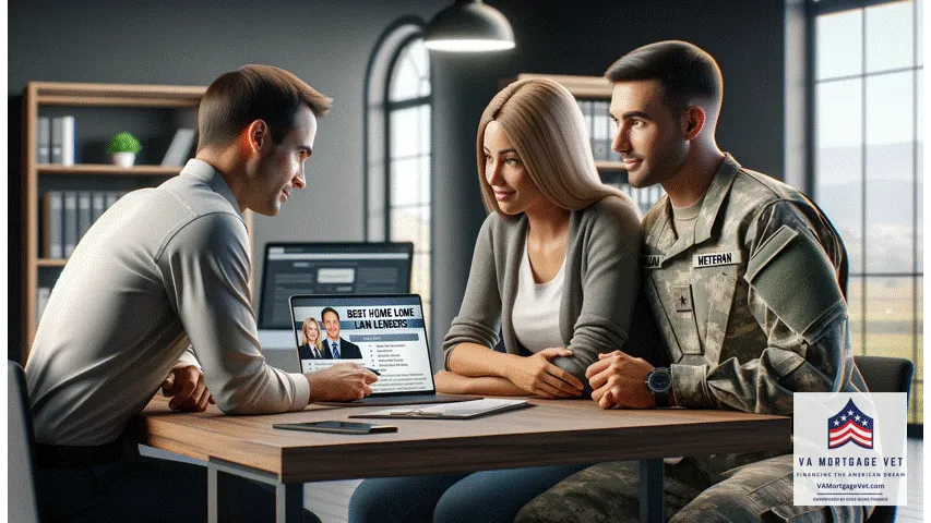 The image features a military couple sitting at a table with a VA Mortgage Vet. The certified veteran mortgage advisor is showing a list titled "Best VA Home Loan Lenders" on a laptop screen. The couple looks interested and attentive as the advisor explains the options. The background shows a modern office setting with documents and a computer on the table. The scene is well-lit, with sharp details and a professional atmosphere.