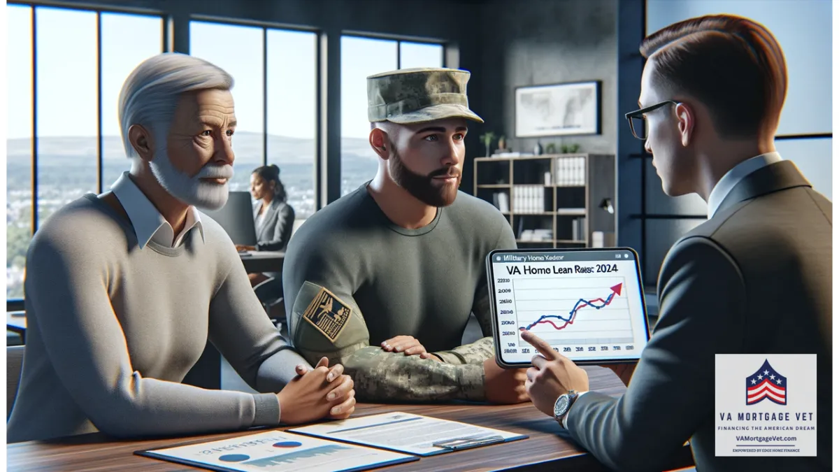 The image features a military couple sitting at a table with a Veteran Mortgage Advisor. The advisor is showing a chart titled "VA Home Loan Rates: 2024" on a tablet screen. The couple looks attentive and focused as the advisor explains the projected rates for 2024. The background shows a modern office setting with documents and a computer on the table. The scene is well-lit, with sharp details and a professional atmosphere.