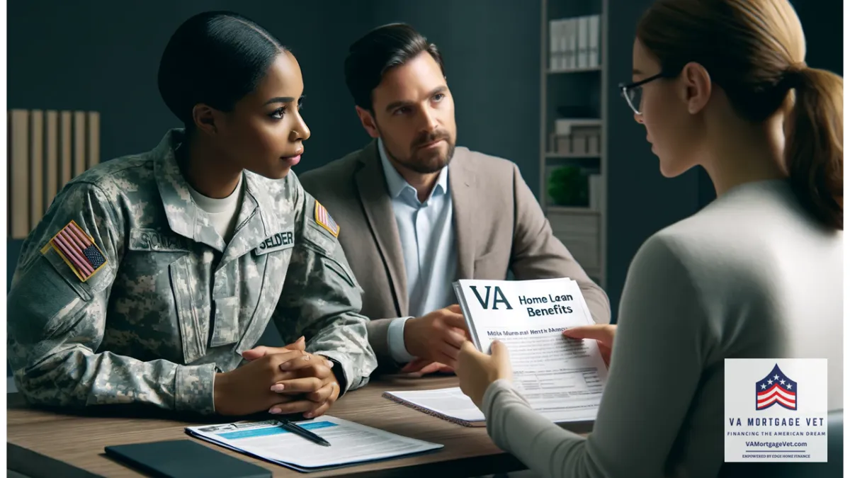 The image features an African American female soldier sitting at a table with her white husband and a Veteran Mortgage Advisor. The advisor is holding a brochure titled "VA Home Loan Benefits" and explaining how to leverage these benefits. The couple looks engaged and interested as they listen to the advisor's guidance. The background shows a modern office setting with documents and a computer on the table. The scene is well-lit, with sharp details and a professional atmosphere.