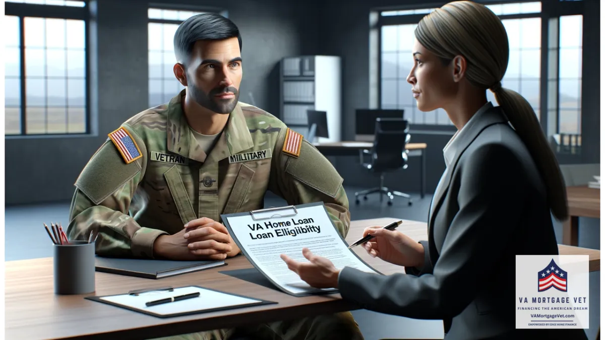 The image features an active-duty soldier in uniform sitting at a table with a mortgage advisor. The advisor is holding a document titled "VA Home Loan Eligibility" and explaining the impact of military service on eligibility. The veteran looks attentive and thoughtful as they listen to the advisor. The background shows a modern office setting with documents and a computer on the table. The scene is well-lit, with sharp details and a professional atmosphere.