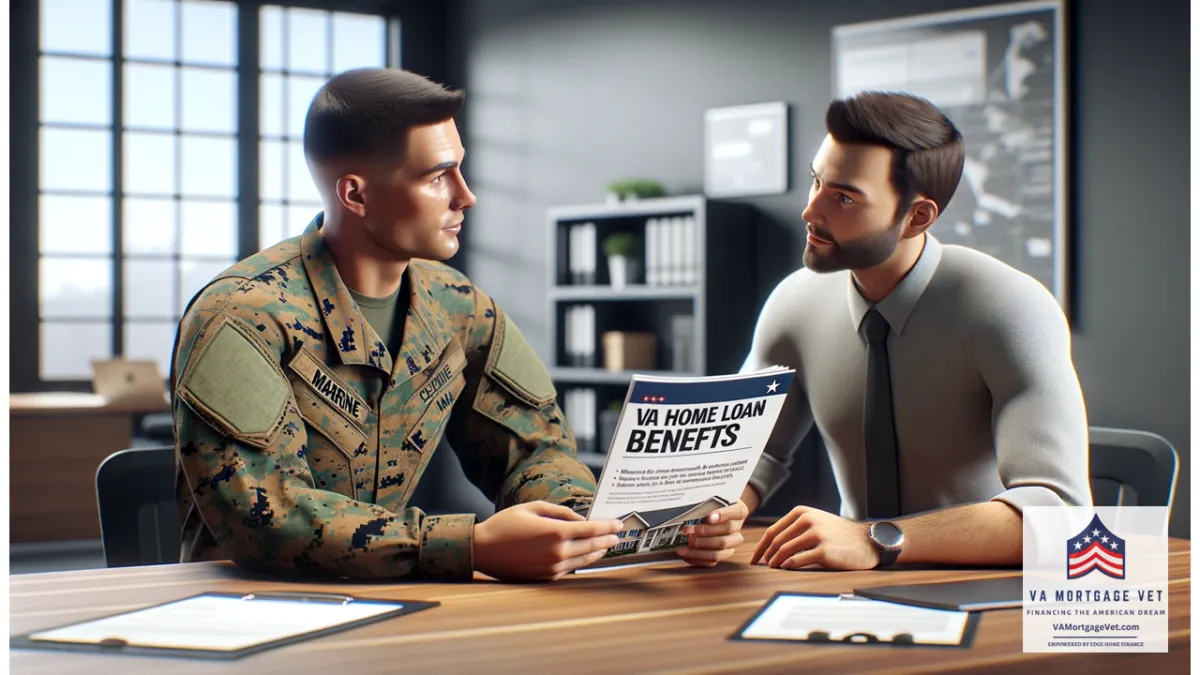 The image features a single Marine sitting at a table with a Veteran Mortgage Advisor. The advisor is holding a brochure titled "VA Home Loan Benefits" and explaining how to leverage these benefits. The Marine looks engaged and interested as they listen to the advisor's guidance. The background shows a modern office setting with documents and a computer on the table. The scene is well-lit, with sharp details and a professional atmosphere.