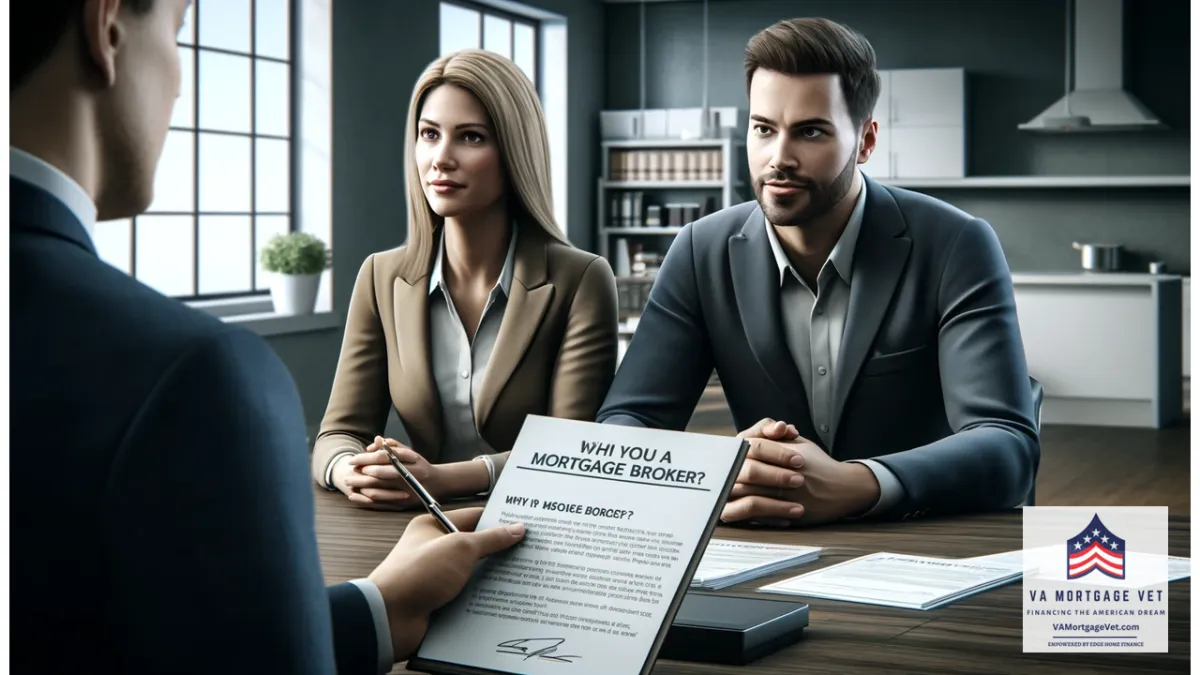 The image features a civilian couple sitting at a table with a mortgage broker. The broker is explaining the benefits of using a mortgage broker instead of a bank, holding a document titled "Why Use a Mortgage Broker?" The couple looks attentive and interested. The background shows a modern office setting with documents and a computer on the table. The scene is well-lit, with sharp details and a professional atmosphere.