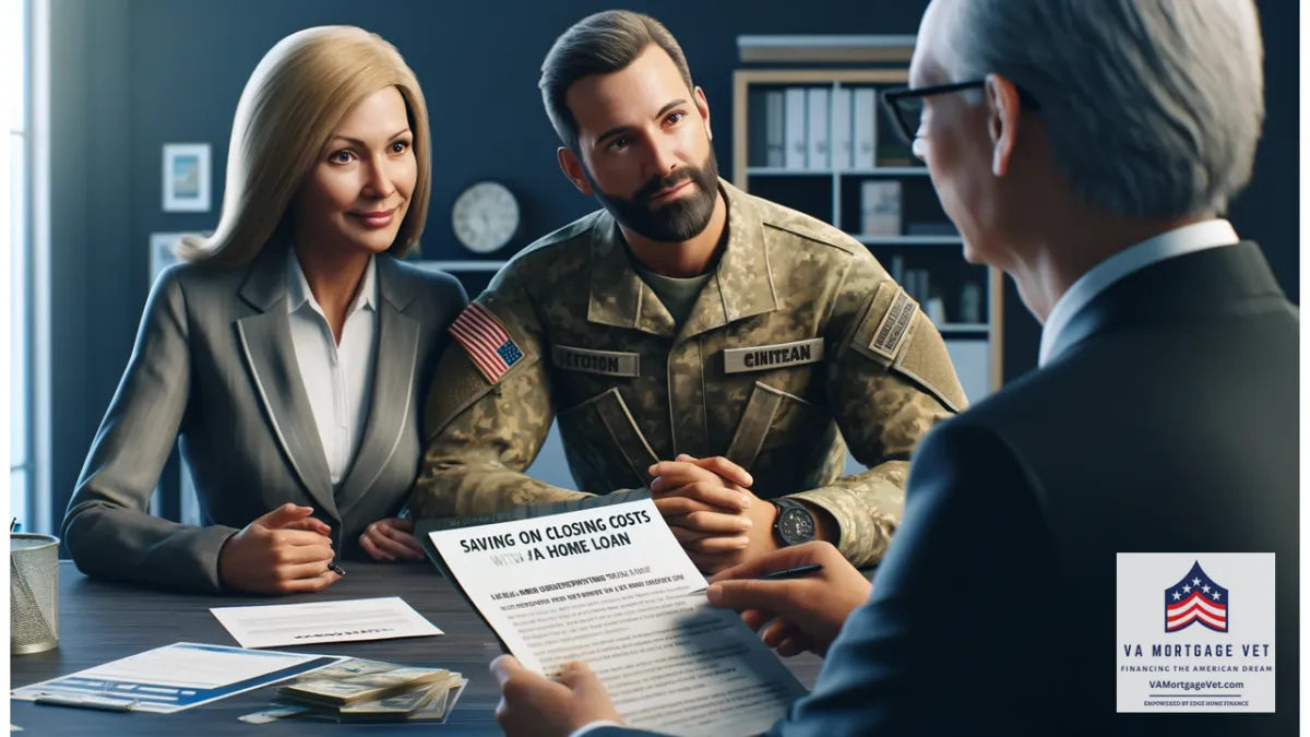 The image features a military couple sitting at a table with a Veteran Mortgage Advisor. The advisor is holding a document titled "Saving on Closing Costs with a VA Home Loan" and explaining strategies to save money on closing costs. The couple looks interested and relieved. The background shows a modern office setting with documents and a computer on the table. The scene is well-lit, with sharp details and a professional atmosphere.