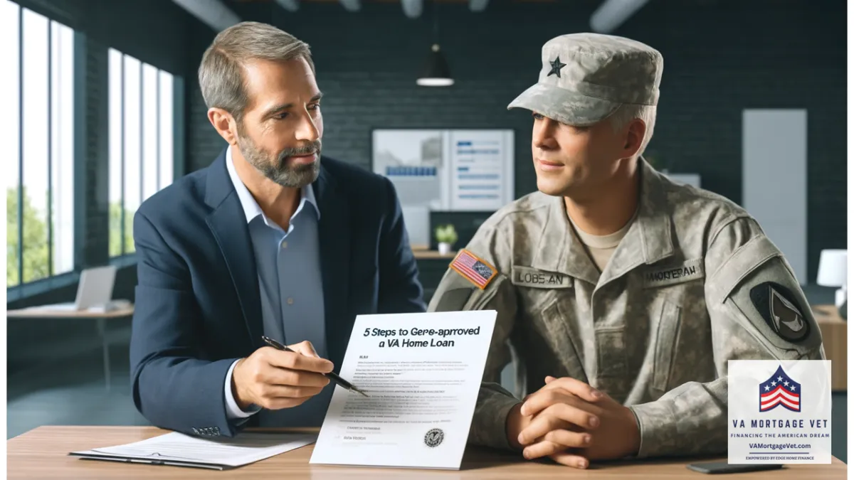 The image features a US Army soldier sitting at a table with a Veteran Mortgage Advisor. The mortgage advisor is holding a document titled "5 Steps to Get Pre-Approved for a VA Home Loan" and explaining the steps to the soldier. The soldier looks engaged and focused as they listen to the mortgage advisor. The background shows a modern office setting with documents and a computer on the table. The scene is well-lit, with sharp details and a professional atmosphere.