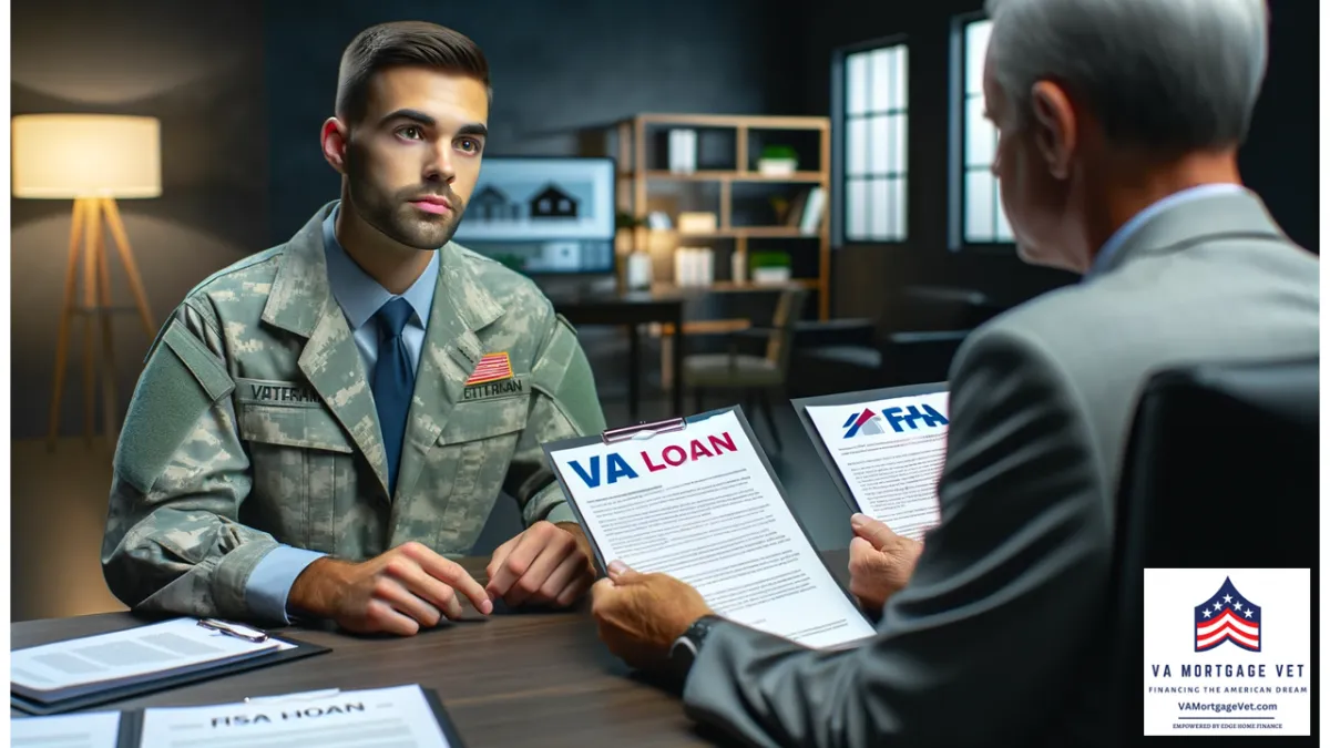 The image features a clean-shaven military veteran sitting at a table with a mortgage advisor. The advisor is holding two documents titled "VA Loan" and "FHA," explaining the differences between the two options. The veteran looks attentive and thoughtful as they consider which loan is better for their home purchase. The background shows a modern office setting with documents and a computer on the table. The scene is well-lit, with sharp details and a professional atmosphere.