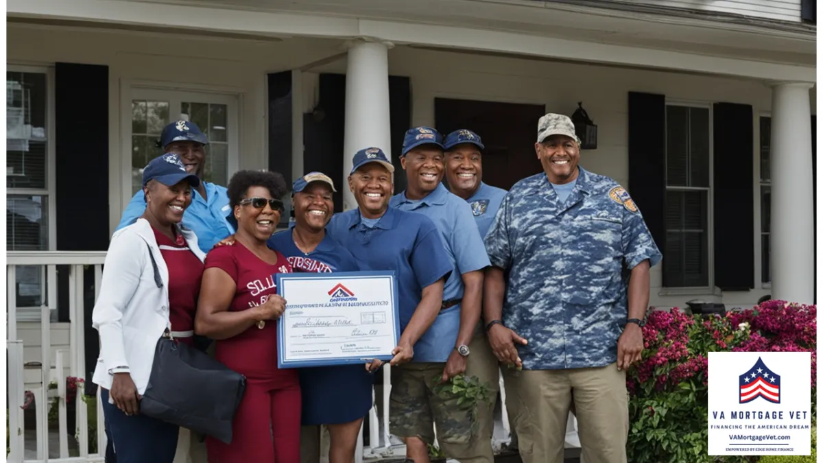 This image portrays a group of black Veterans receiving their VA loan check in front of their new home.