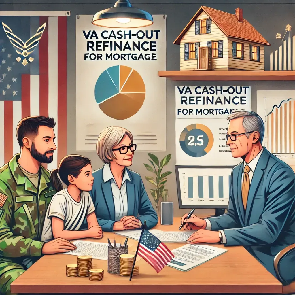 A military family sits at a table with a financial advisor in a warm, welcoming setting. The advisor shows documents and a computer screen displaying charts and numbers. Patriotic elements like a flag and military memorabilia are in the background, emphasizing the connection to VA cash-out refinance for mortgages. The family looks engaged and optimistic, with a house model and financial charts subtly included to represent mortgage rates and guidelines.