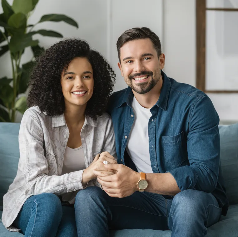 Couple sitting on a couch discussing down payment assistance with their loan officer Travis Egan