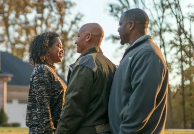 A couple smiling at each other with their Realtor in front of their new home