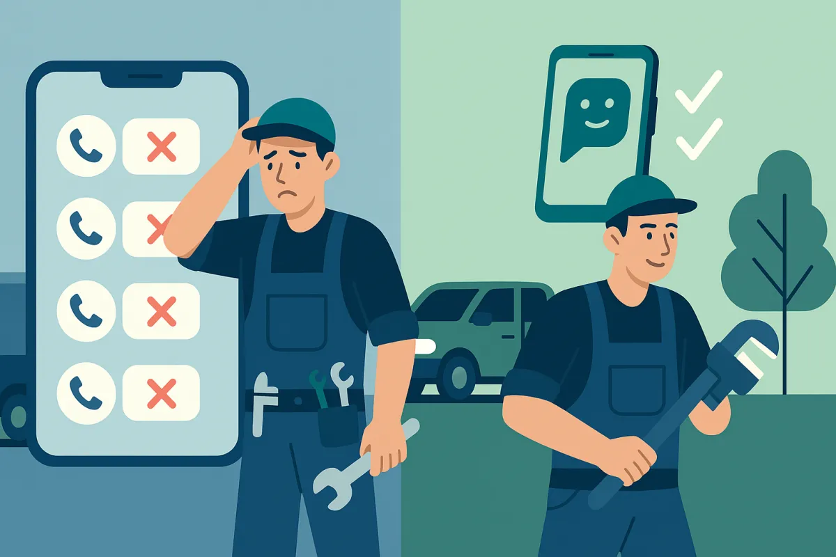 Split scene showing Australian tradie missing calls vs AI receptionist capturing calls and bookings
