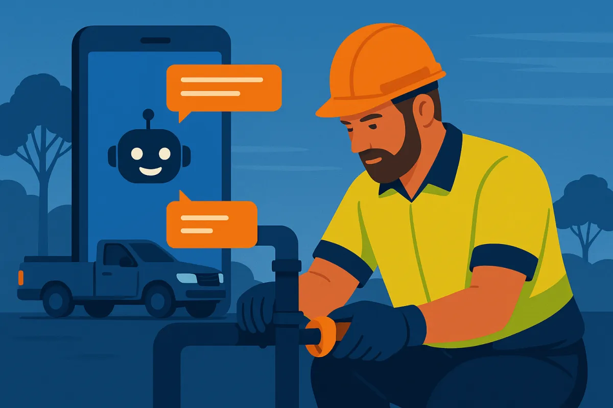 AI virtual assistant answering calls for Australian tradies while plumber works on job site