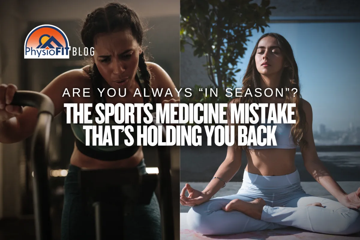 Split image showing a woman pushing hard on an air bike (left) and another woman meditating in a calm yoga pose (right), representing the contrast between high-intensity training and recovery, used in a PhysioFIT Bend Oregon sports medicine blog post.
