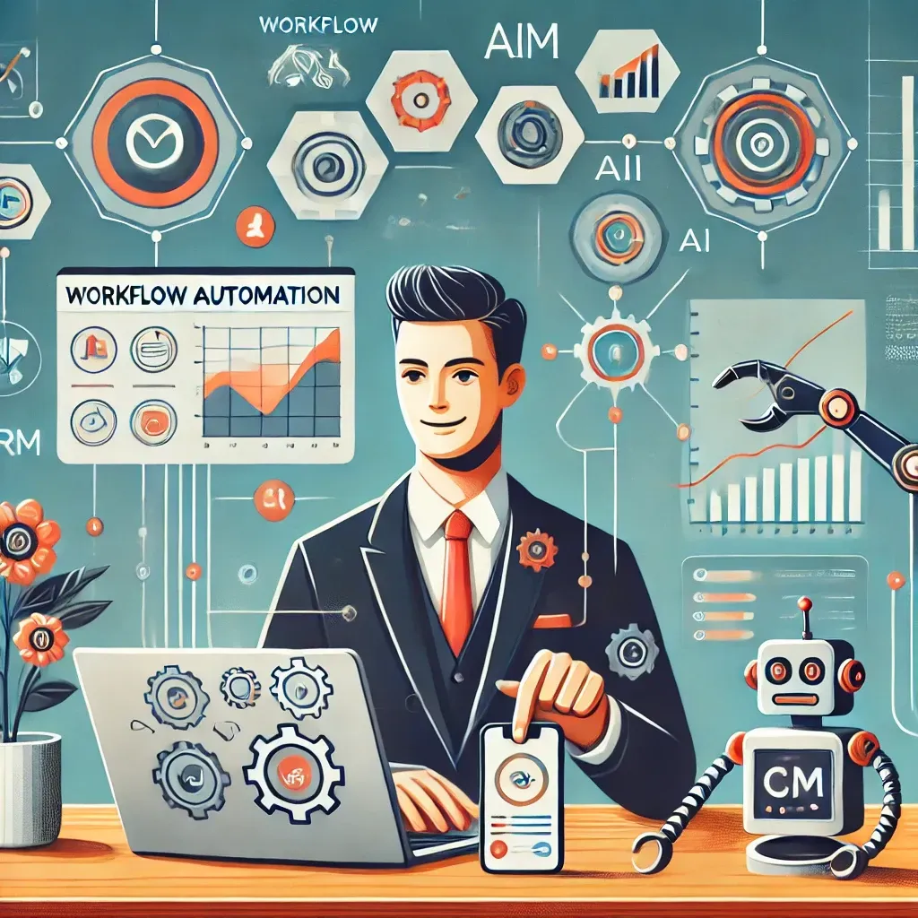 A small business owner using automation tools on a laptop, with icons representing efficiency and AI-powered workflows