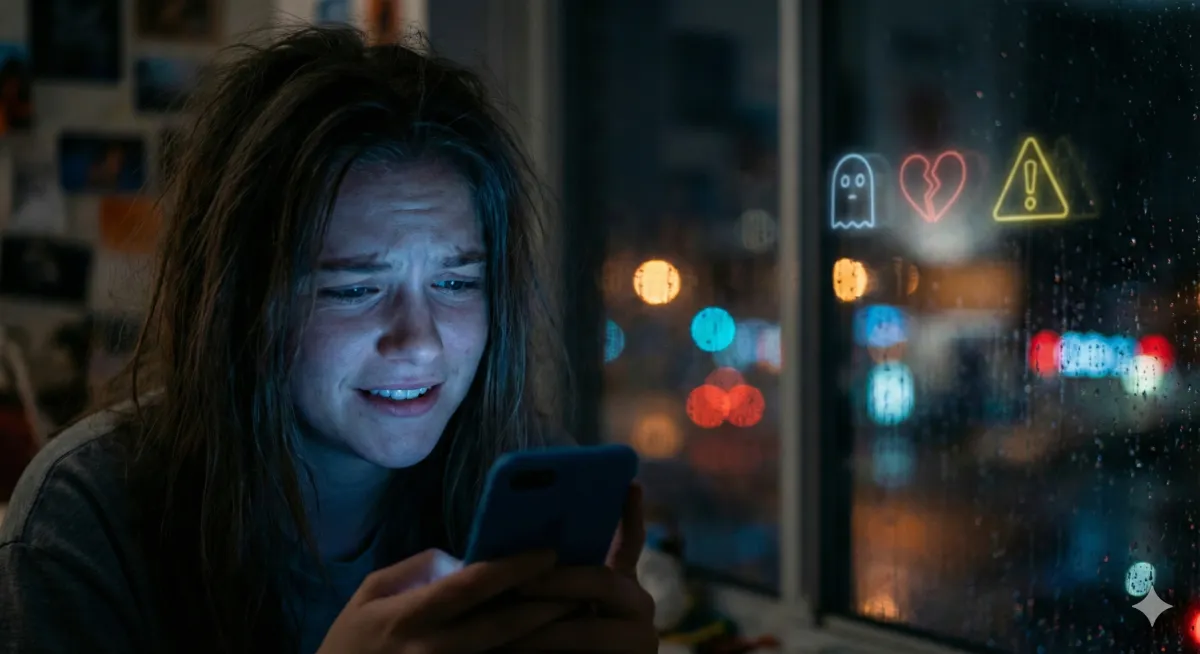 Karanlık bir odada akıllı telefonuna bakan ve ilişki sorunları yaşayan kişiyi temsil eden modern dating illüstrasyonu